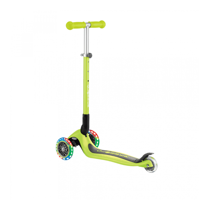 Globber Primo Foldable Scooter with Light and Anodized Tbar - Lime Green/Khaki Green