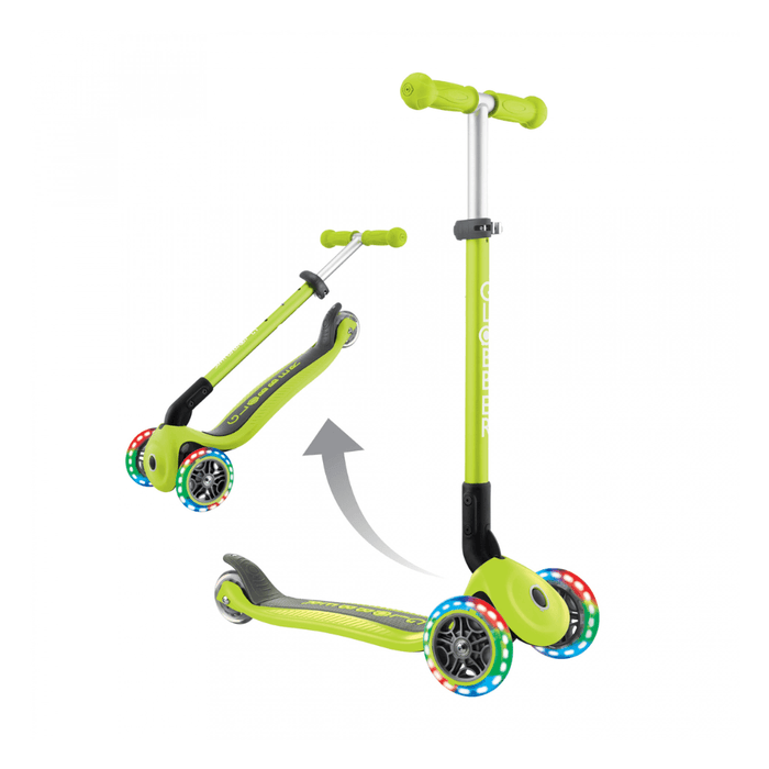 Globber Primo Foldable Scooter with Light and Anodized Tbar - Lime Green/Khaki Green
