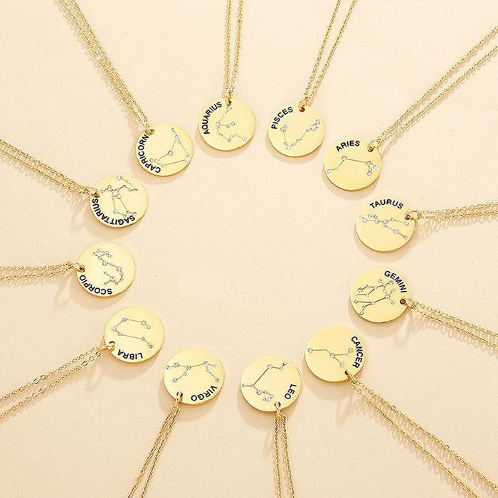 Gold Plated Constellation Pendant Necklace Horoscope Zodiac Sign Coin Charms with Adjustable