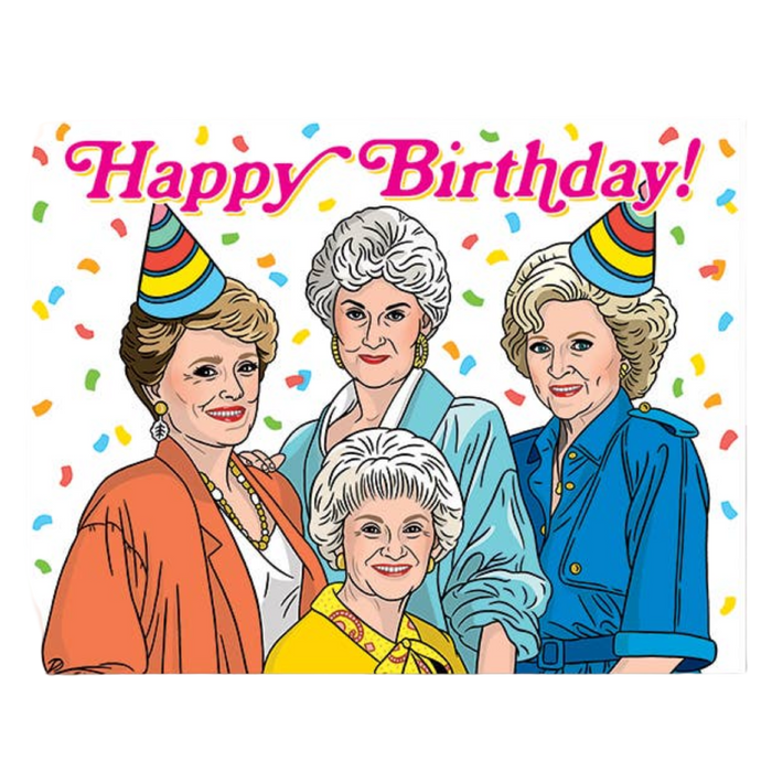 Cartoon illustration of four women celebrating a birthday with colorful hats and confetti.