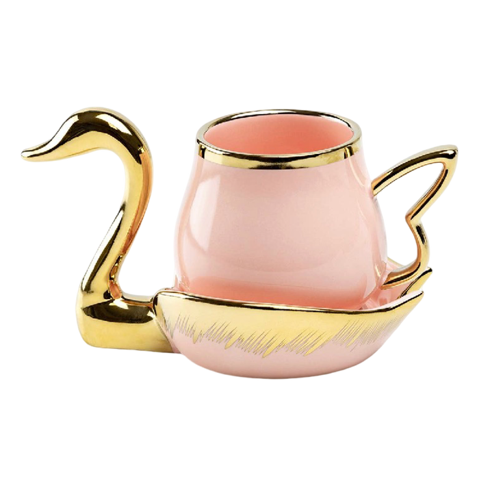 Pink fine porcelain tea cup and saucer with sculptural gold swan handle and metallic gold trim by Grace Teaware