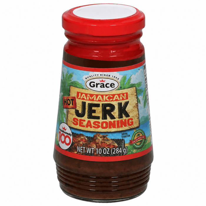 Grace Hot Jamaican Jerk Seasoning, bold Caribbean spice blend with traditional herbs and seasonings, ideal for adding authentic spicy Jamaican flavor to chicken, meat, seafood, and vegetables.