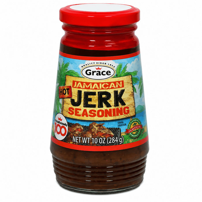 Grace Hot Jamaican Jerk Seasoning, bold Caribbean spice blend with traditional herbs and seasonings, ideal for adding authentic spicy Jamaican flavor to chicken, meat, seafood, and vegetables.
