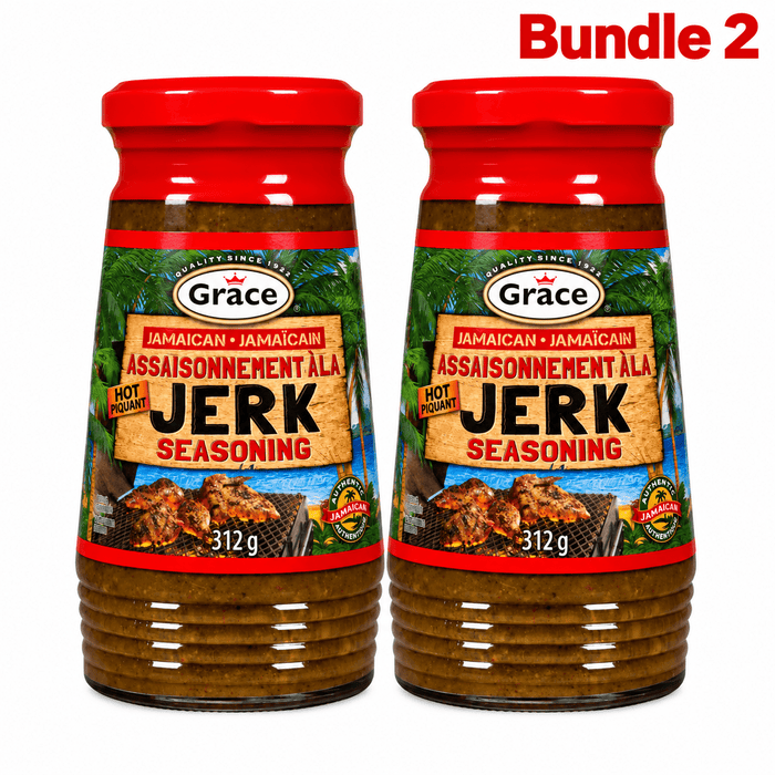 Grace Hot Jamaican Jerk Seasoning, bold Caribbean spice blend with traditional herbs and seasonings, ideal for adding authentic spicy Jamaican flavor to chicken, meat, seafood, and vegetables.