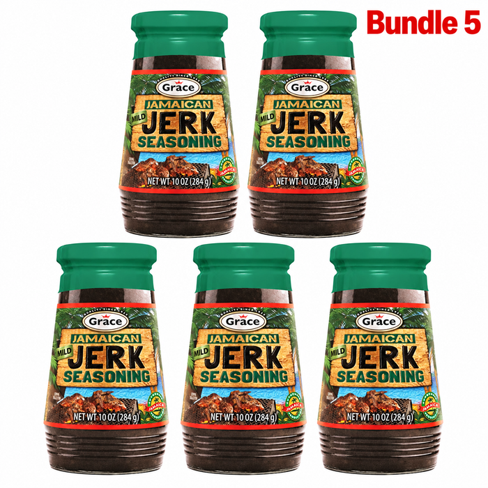 Grace Jamaican Jerk Seasoning, mild Caribbean seasoning blend with traditional herbs and spices, ideal for adding authentic Jamaican flavor to chicken, meat, seafood, vegetables, and grilled dishes.