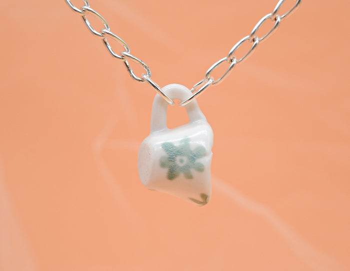 Green Floral Mug Necklace - Silver