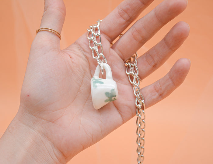 Green Floral Mug Necklace - Silver