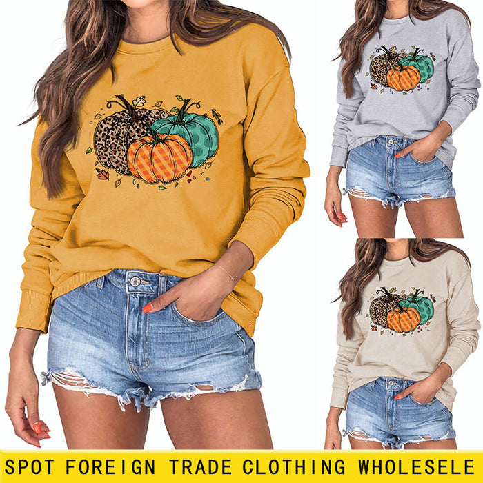 Halloween Pumpkin Leopard Print Round Neck Women's Sweatshirt Long Sleeve