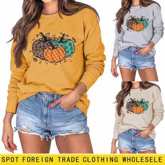 Halloween Pumpkin Leopard Print Round Neck Women's Sweatshirt Long Sleeve