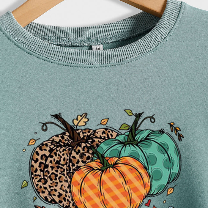 Halloween Pumpkin Leopard Print Round Neck Women's Sweatshirt Long Sleeve