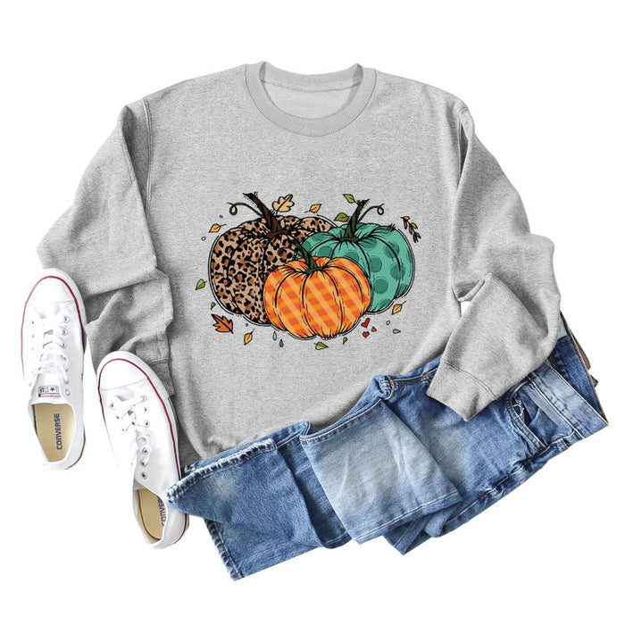 Halloween Pumpkin Leopard Print Round Neck Women's Sweatshirt Long Sleeve