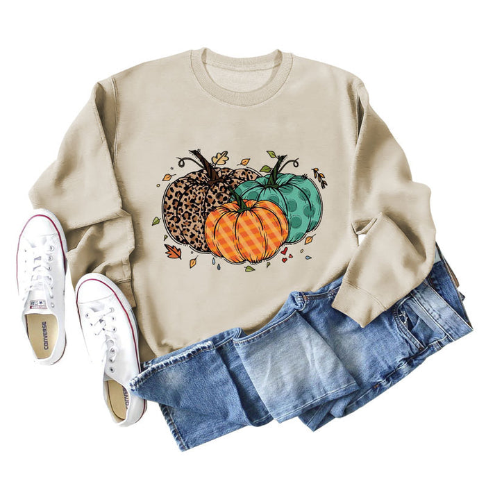 Halloween Pumpkin Leopard Print Round Neck Women's Sweatshirt Long Sleeve