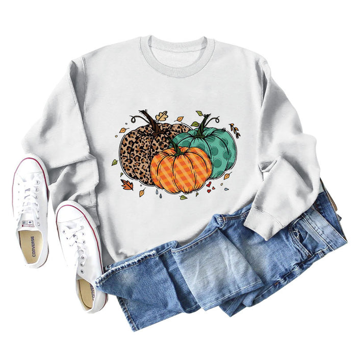 Halloween Pumpkin Leopard Print Round Neck Women's Sweatshirt Long Sleeve