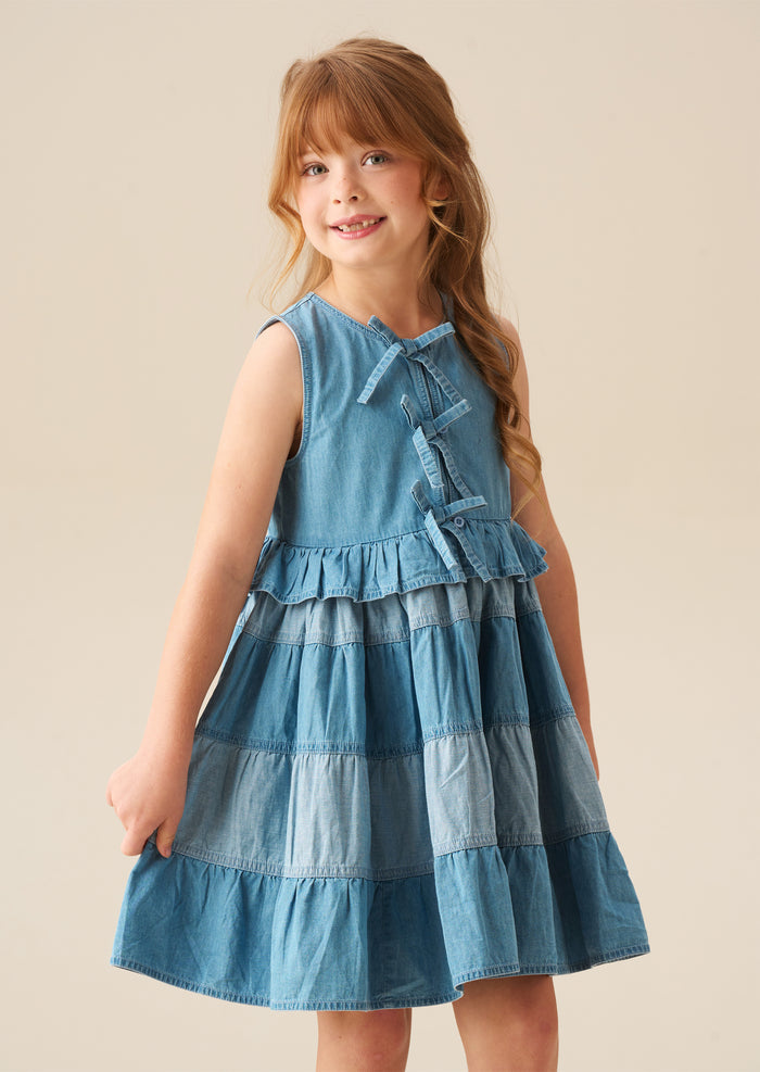 Hannah Tie Detail Tiered Denim Dress