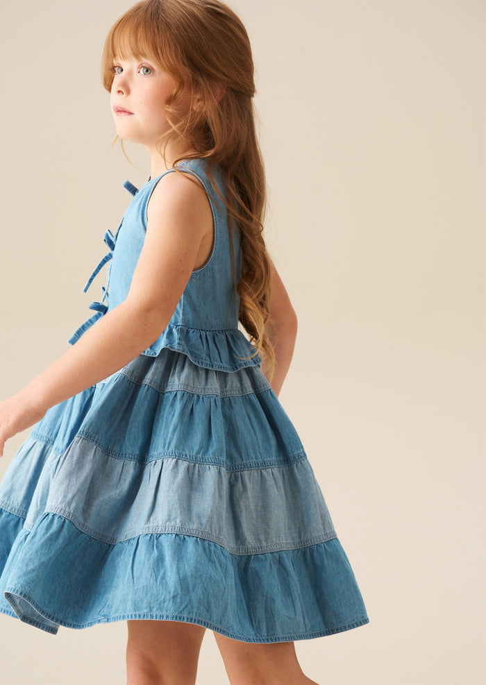 Hannah Tie Detail Tiered Denim Dress