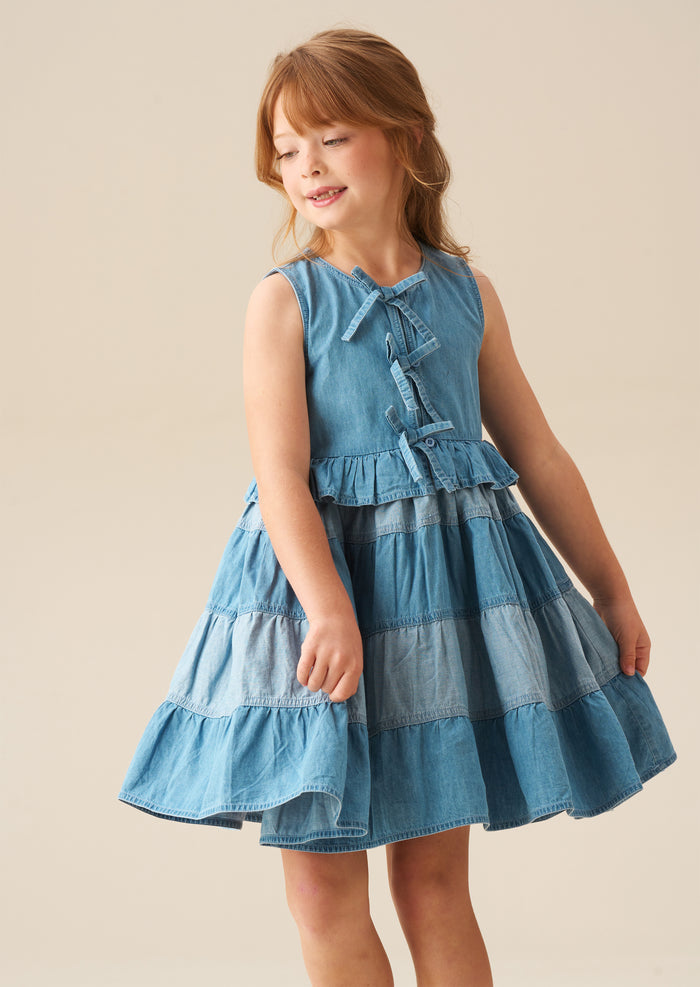 Hannah Tie Detail Tiered Denim Dress