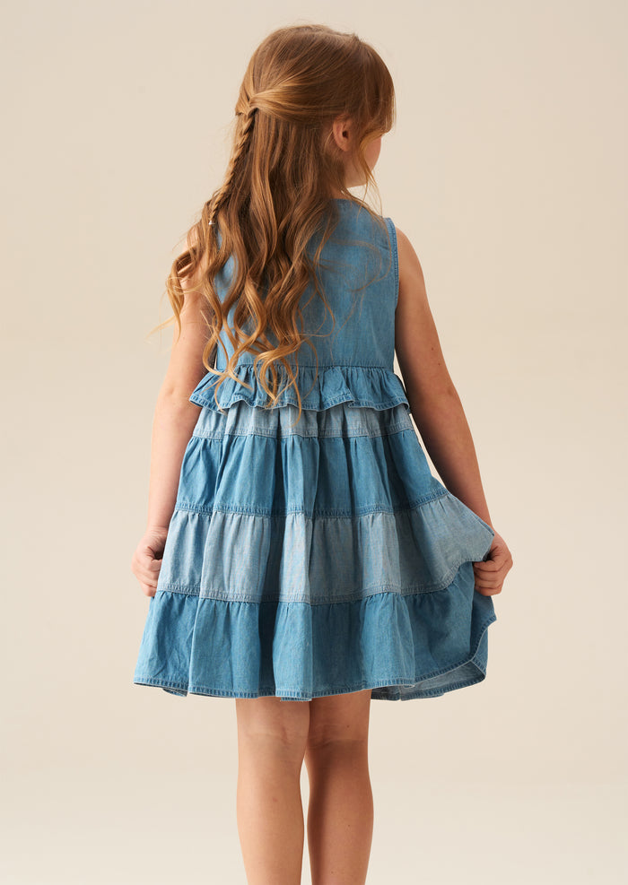Hannah Tie Detail Tiered Denim Dress