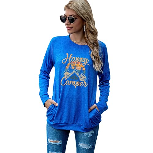 Happy Camper Camping Hiking Travel Shirt for Women Long Sleeve Camp Life Blouse