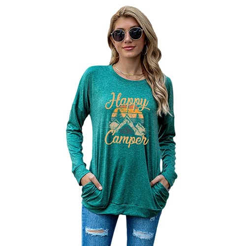 Happy Camper Camping Hiking Travel Shirt for Women Long Sleeve Camp Life Blouse