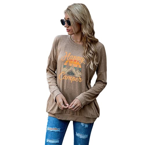 Happy Camper Camping Hiking Travel Shirt for Women Long Sleeve Camp Life Blouse