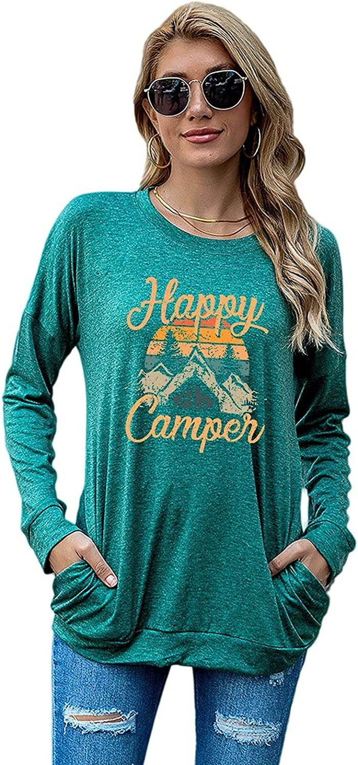 Happy Camper Camping Hiking Travel Shirt for Women Long Sleeve Camp Life Blouse