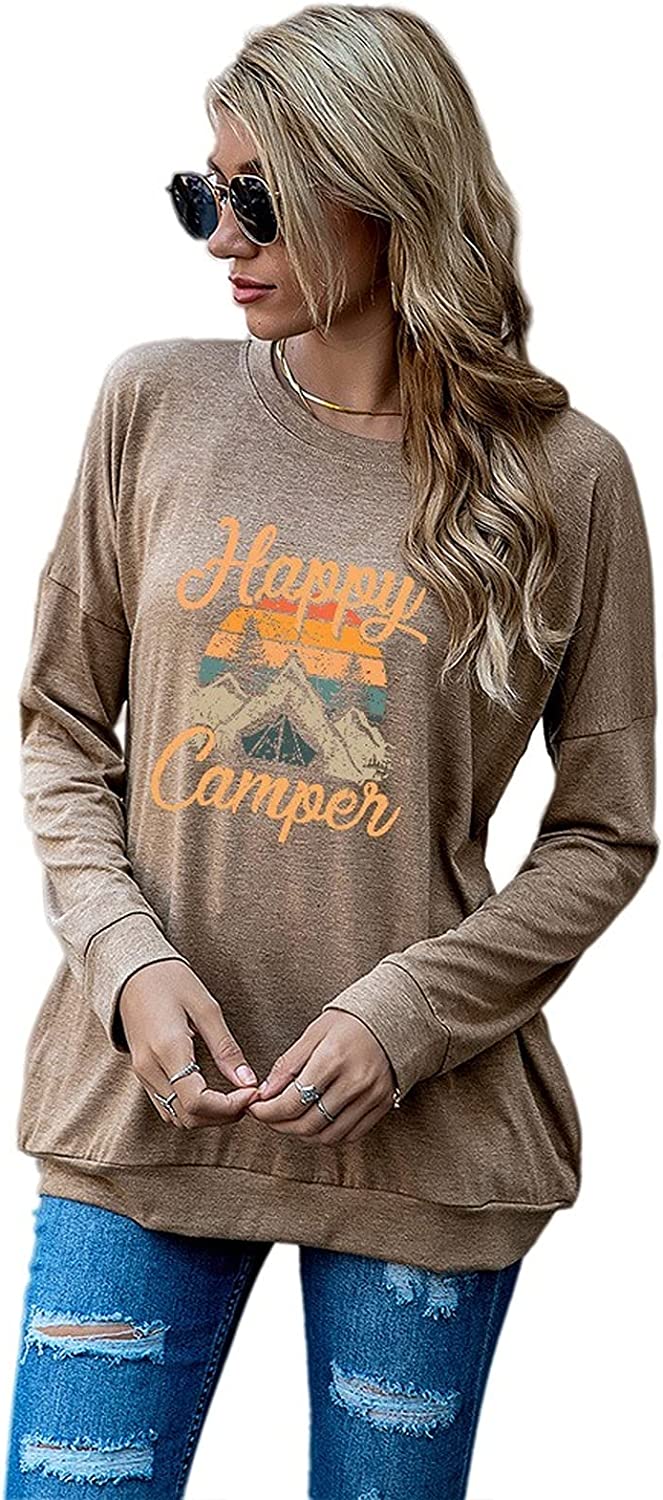 Happy Camper Camping Hiking Travel Shirt for Women Long Sleeve Camp Life Blouse