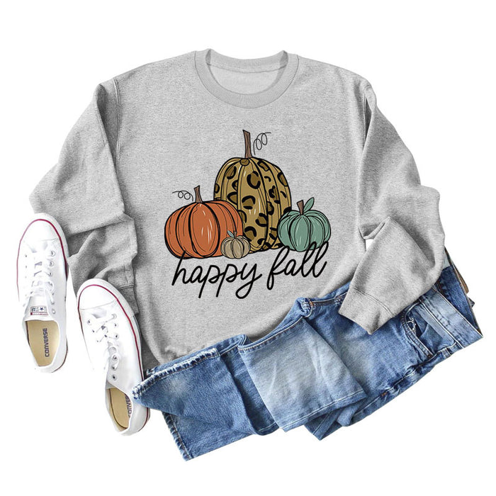 Happy Fall Pumpkin Letter Print Halloween Fall and Winter Round Neck Long Sleeve Sweater Women