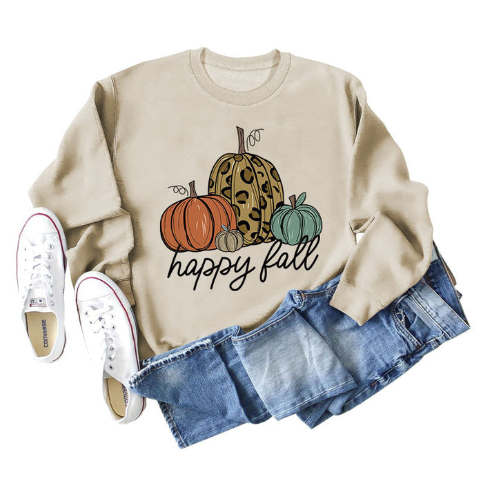 Happy Fall Pumpkin Letter Print Halloween Fall and Winter Round Neck Long Sleeve Sweater Women