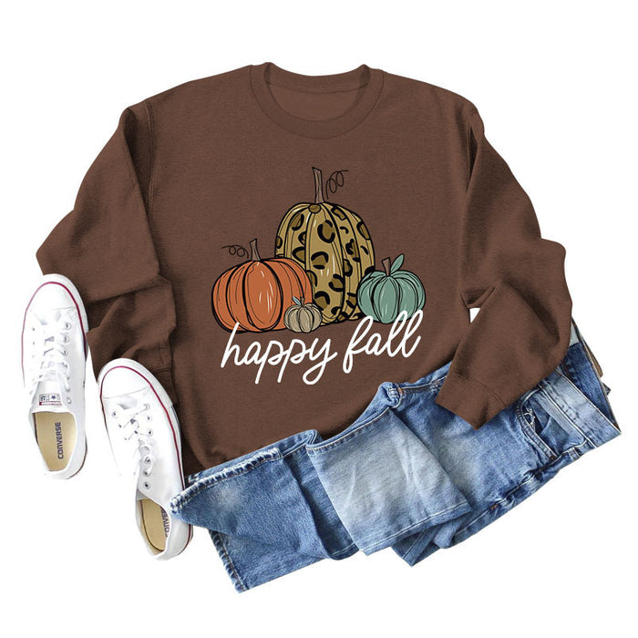 Happy Fall Pumpkin Letter Print Halloween Fall and Winter Round Neck Long Sleeve Sweater Women