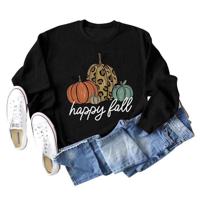 Happy Fall Pumpkin Letter Print Halloween Fall and Winter Round Neck Long Sleeve Sweater Women