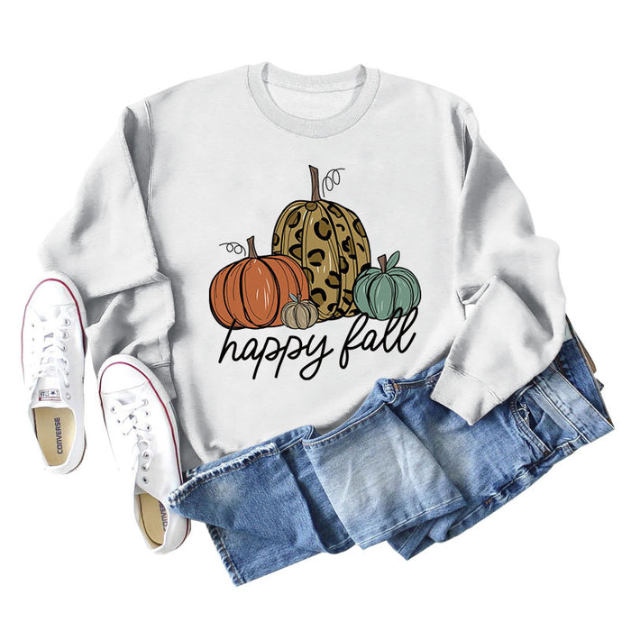 Happy Fall Pumpkin Letter Print Halloween Fall and Winter Round Neck Long Sleeve Sweater Women