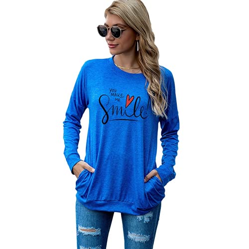 Happy Shirt Women You Make Me Smile Long Sleeve Love Heart Gift Blouse with Pockets