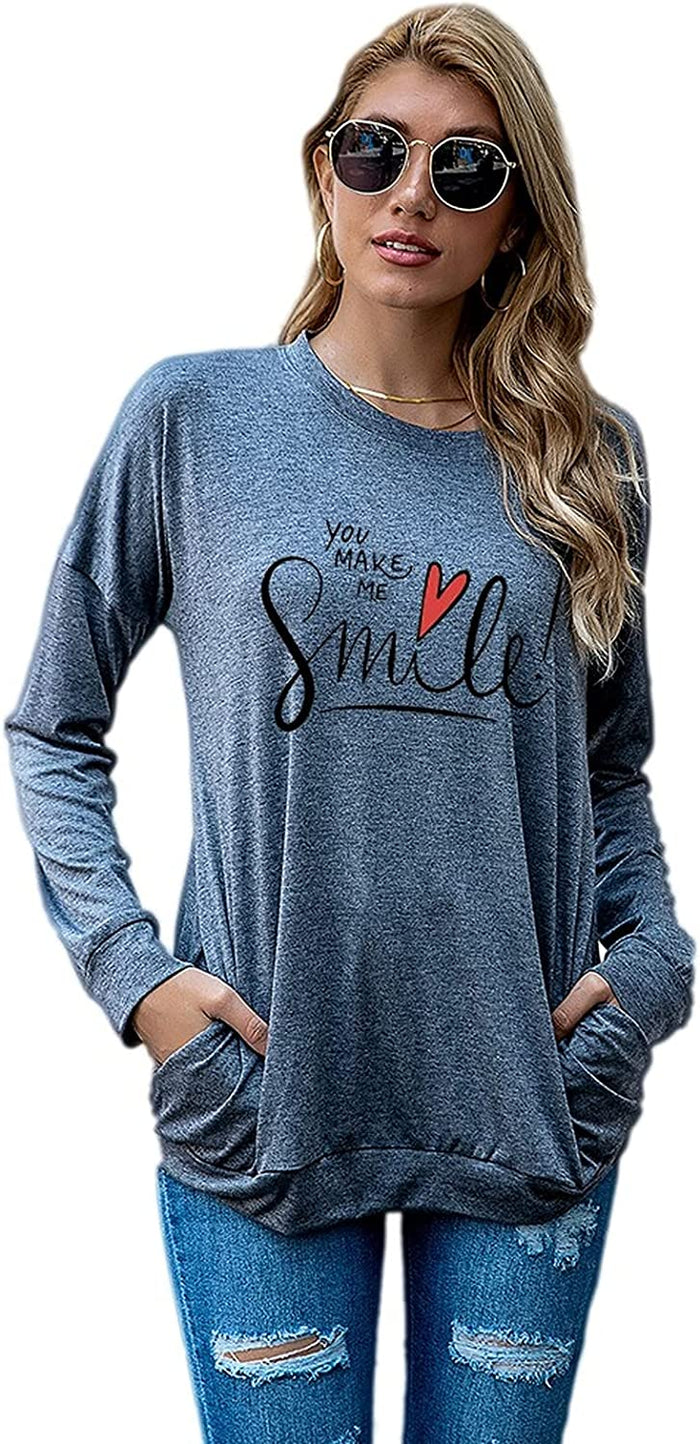 Happy Shirt Women You Make Me Smile Long Sleeve Love Heart Gift Blouse with Pockets