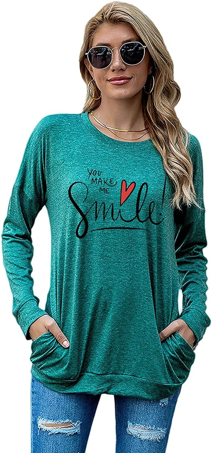 Happy Shirt Women You Make Me Smile Long Sleeve Love Heart Gift Blouse with Pockets