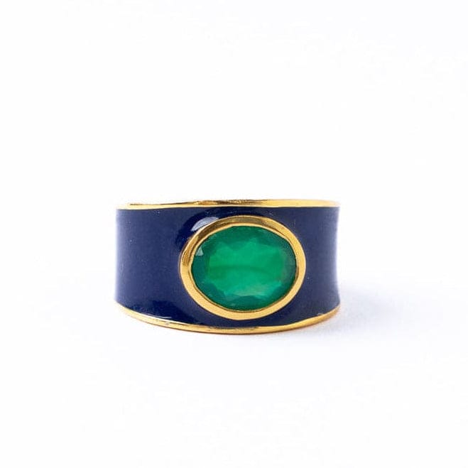 Hazel Oval Stone With Enamel Band Ring Navy + Green Size 8 Ring