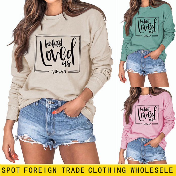 He First Loved Us Base Lettering Long Sleeved Large Sweater Women