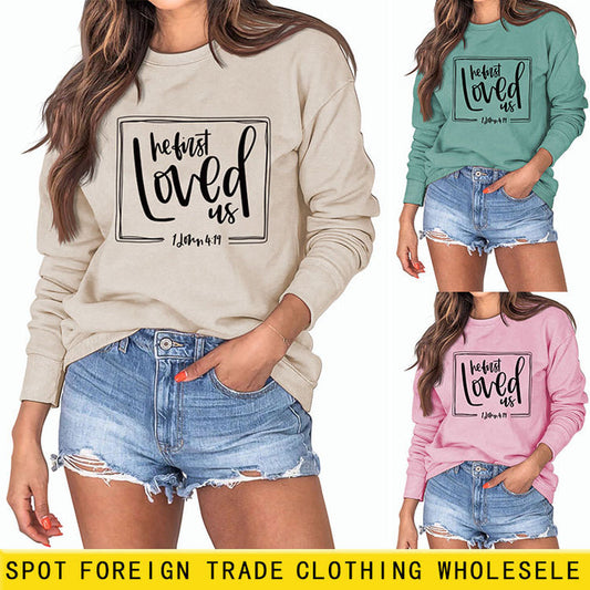 He First Loved Us Base Lettering Long Sleeved Large Sweater Women