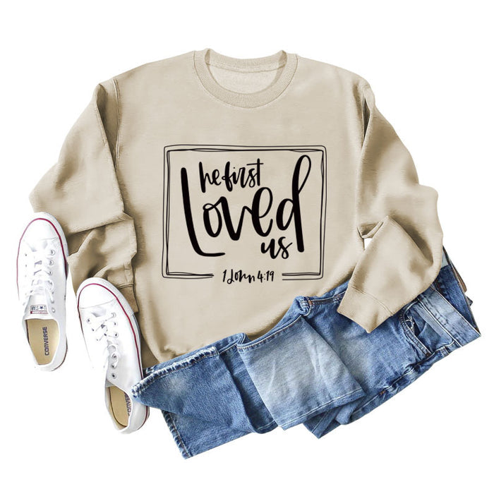 He First Loved Us Base Lettering Long Sleeved Large Sweater Women