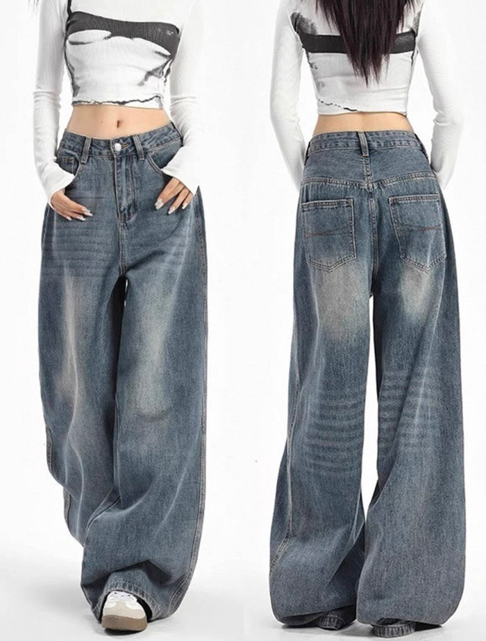 Wide-leg jeans worn by a person on a white background
