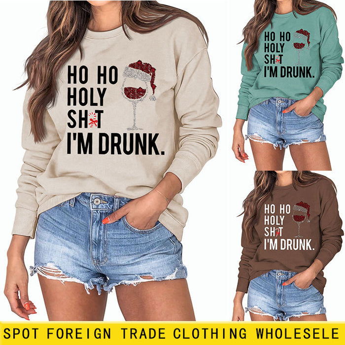 Ho Ho Holy Shit Fashion Women's Red Wine Glass Letter Long Sleeve Sweater Girl