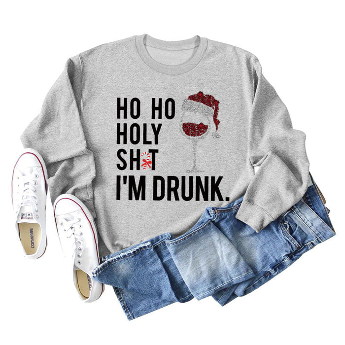 Ho Ho Holy Shit Fashion Women's Red Wine Glass Letter Long Sleeve Sweater Girl