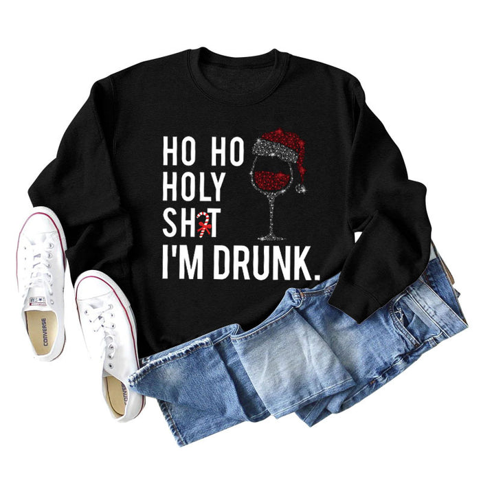 Ho Ho Holy Shit Fashion Women's Red Wine Glass Letter Long Sleeve Sweater Girl