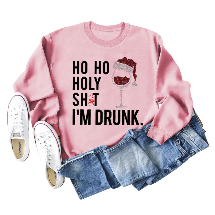 Ho Ho Holy Shit Fashion Women's Red Wine Glass Letter Long Sleeve Sweater Girl