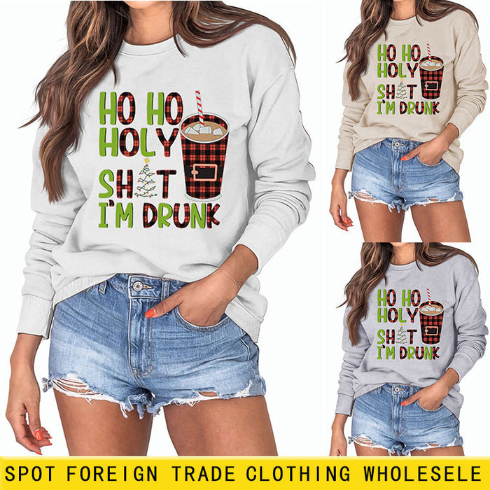 HO HO HOLY SHIT SPOT LETTER COFFEE LOOSE LONG SLEEVED SWEATSHIRT WOMEN