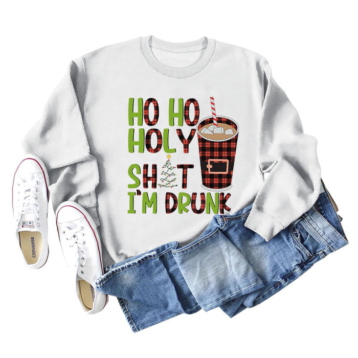 HO HO HOLY SHIT SPOT LETTER COFFEE LOOSE LONG SLEEVED SWEATSHIRT WOMEN