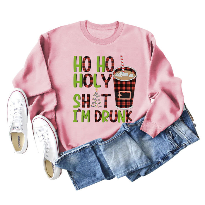 HO HO HOLY SHIT SPOT LETTER COFFEE LOOSE LONG SLEEVED SWEATSHIRT WOMEN