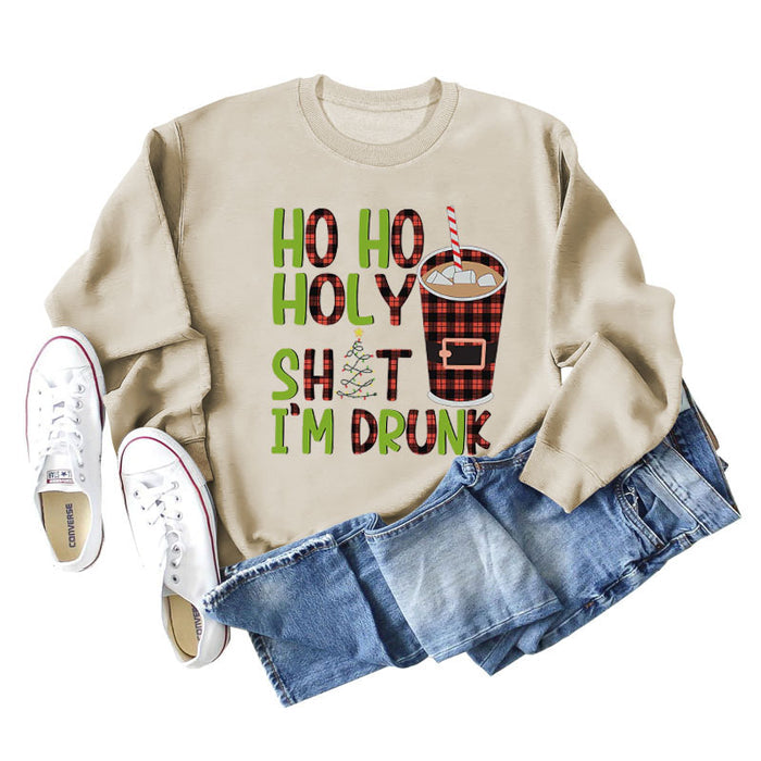 HO HO HOLY SHIT SPOT LETTER COFFEE LOOSE LONG SLEEVED SWEATSHIRT WOMEN