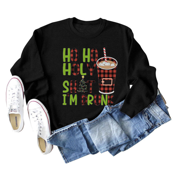 HO HO HOLY SHIT SPOT LETTER COFFEE LOOSE LONG SLEEVED SWEATSHIRT WOMEN