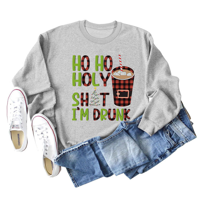 HO HO HOLY SHIT SPOT LETTER COFFEE LOOSE LONG SLEEVED SWEATSHIRT WOMEN