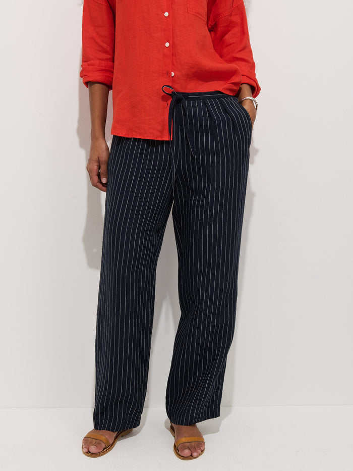 Hudson Pinstripe Pant in Linen - Navy / Ivory Stripe
